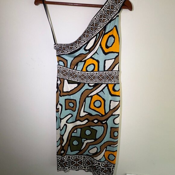 DVF Diane Von Furstenberg Societes One Shoulder 100% Silk Dress Aztec Stretch 2 - Picture 4 of 15